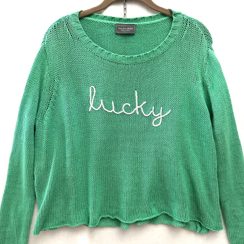 Wooden Ships Size S/M Oversized Slouchy Lucky Green Knit Sweater Pullover crop